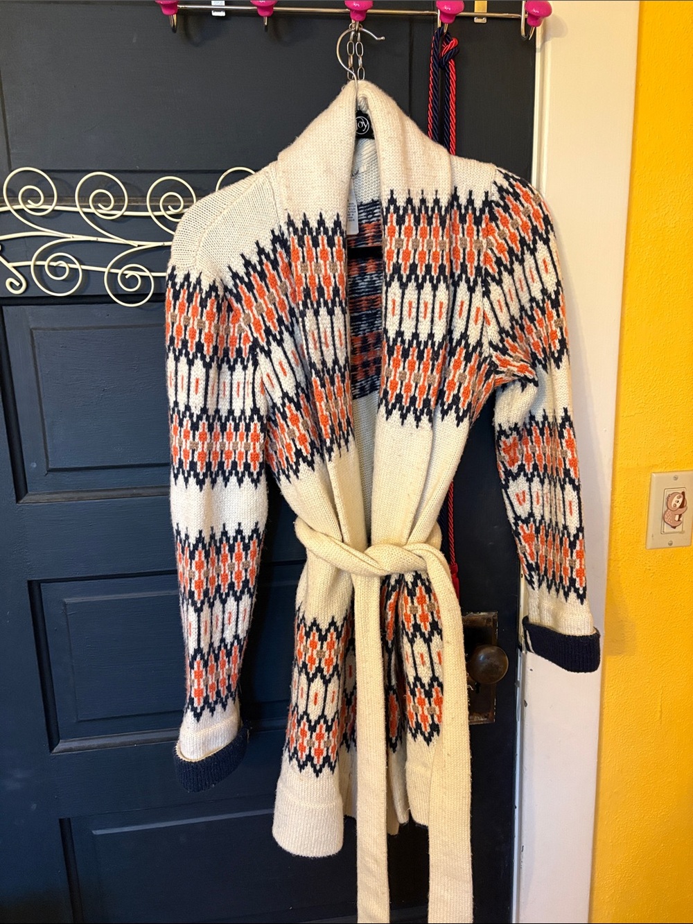Lucky Brand Cream Sweater Cardigan with Orange and Navy Pattern